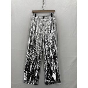 Sans Souci Pants Womens Small Silver Metallic High Rise Wide Leg Patch Pockets